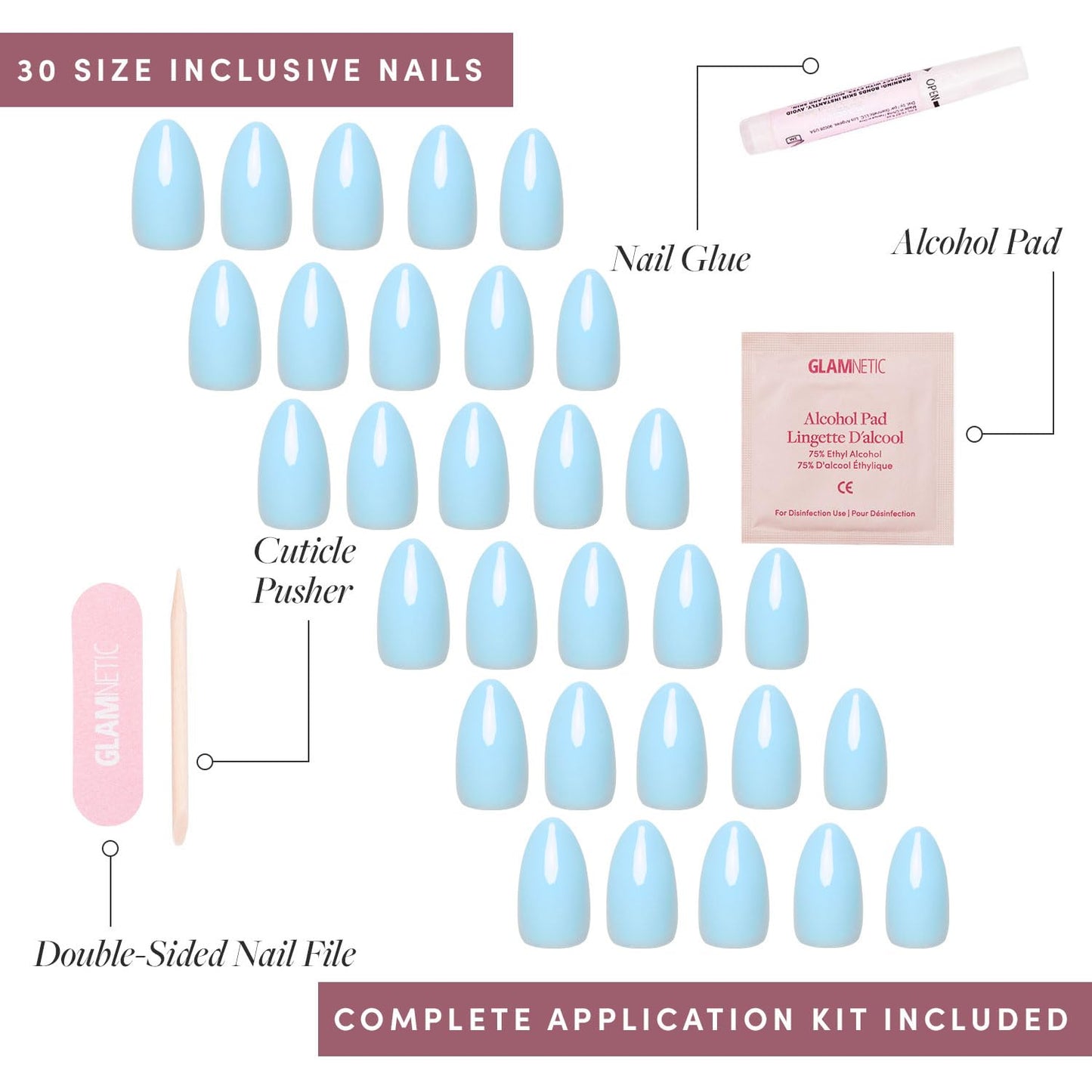 Glamnetic Press On Nails - Soft Blue | Short Almond Blue Fake Nails with Glossy Finish, Salon Quality | 15 Sizes - 30 Nail Kit with Glue