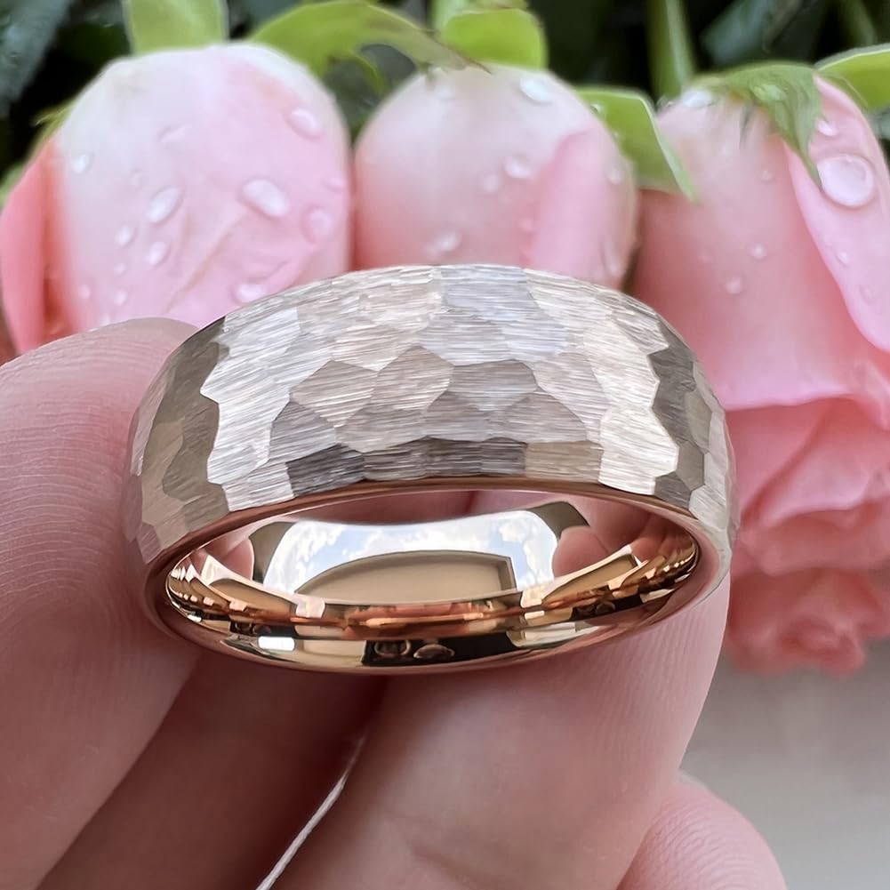 TUTISS 8mm Rose Gold Hammered Tungsten Rings for Men Women Engagement Wedding Bands Domed Matte Finish Comfort Fit Size 14