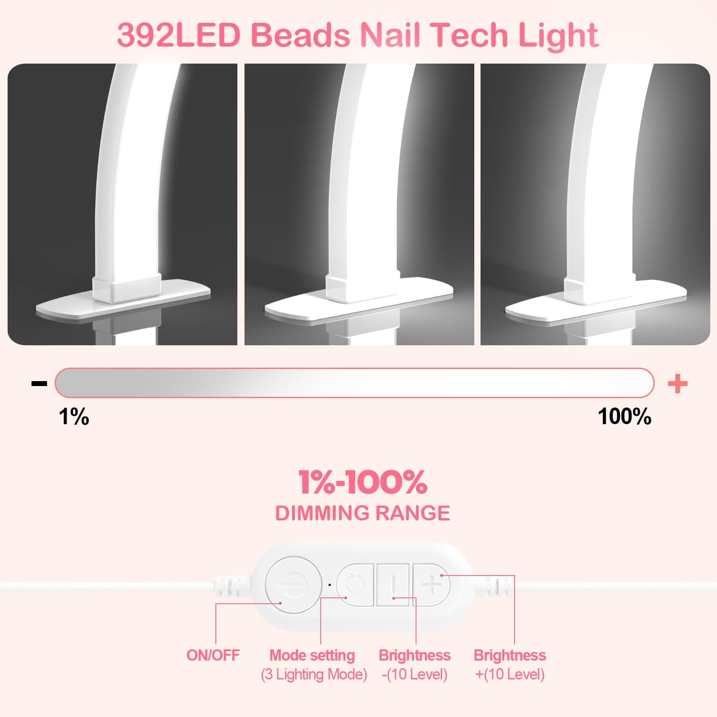 Kadden Foldable Large Half Moon LED Light,29" Arch Light with Rhinestone-Encrusted for Table Nail Desk with Phone Stand, Upgrade Arch Light for Nail Techs (White, Large)