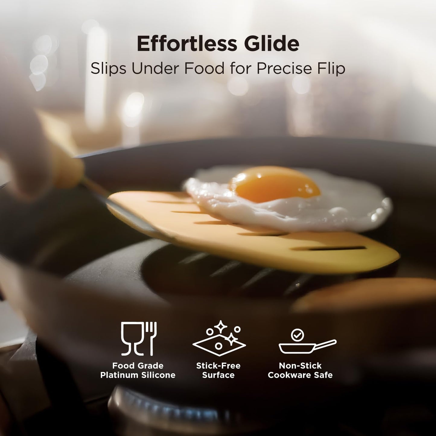 Kitchen Mama WaltzGrip Platinum Silicone Pancake Spatula Turner: Heat-Resistant, Slotted Tapered Head, Stainless Steel Core, Durable, Dishwasher-Safe, Ideal for Flipping and Wok Use (Yellow)