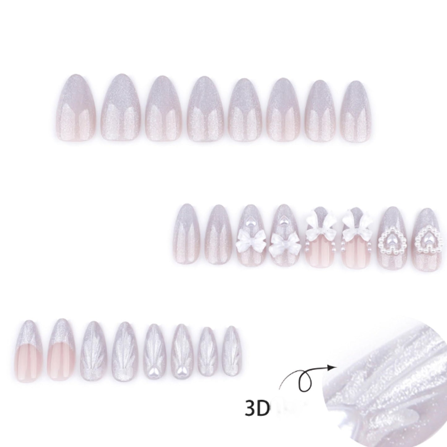 Hkanlre Medium Flower Press on Nails Pearl Rhienstones Fake Nails Tips Full Cover Almond False Nails for Women 24PCS