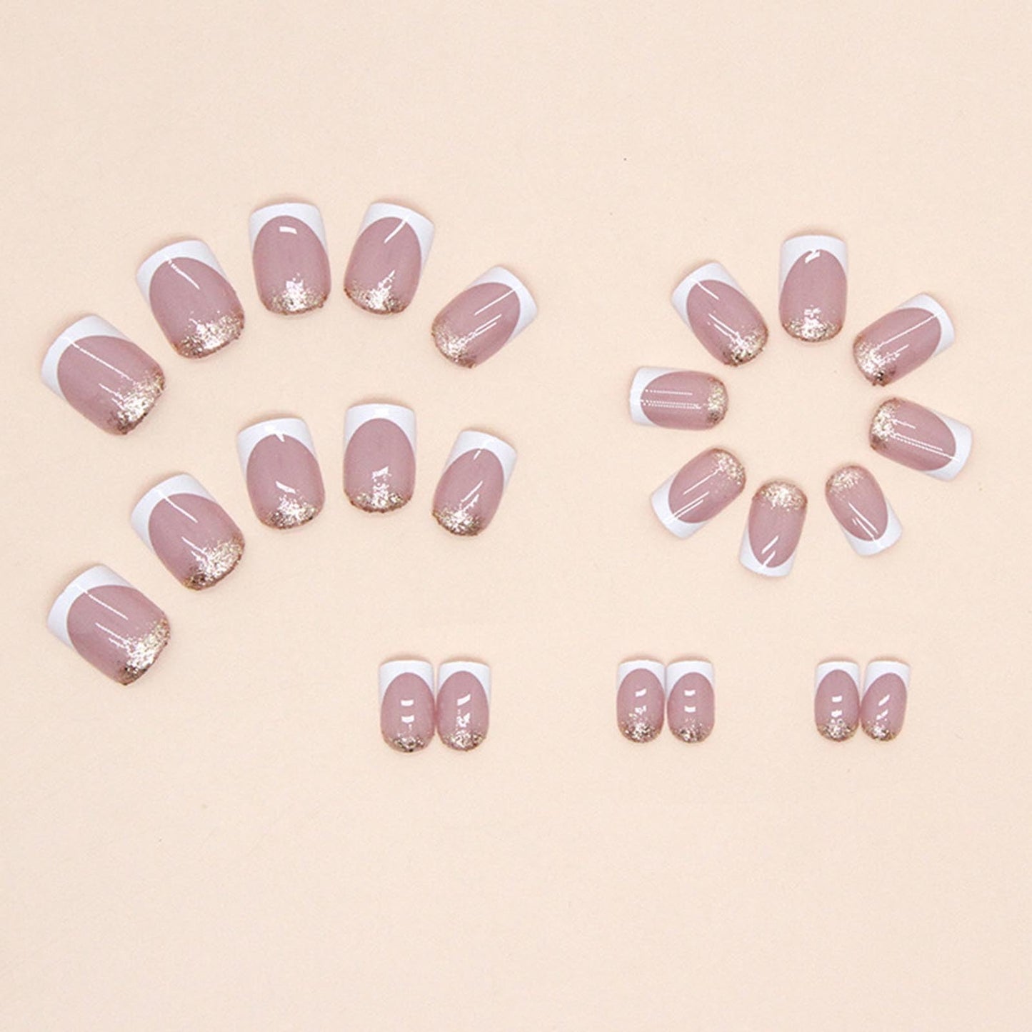 White French Tip Press on Nails Short Square Fake Nails with Glitter Designs Simple Nails Press ons Glossy Glue on Nails Artificial False Nails Natural Stick on Nails for Women 24Pcs