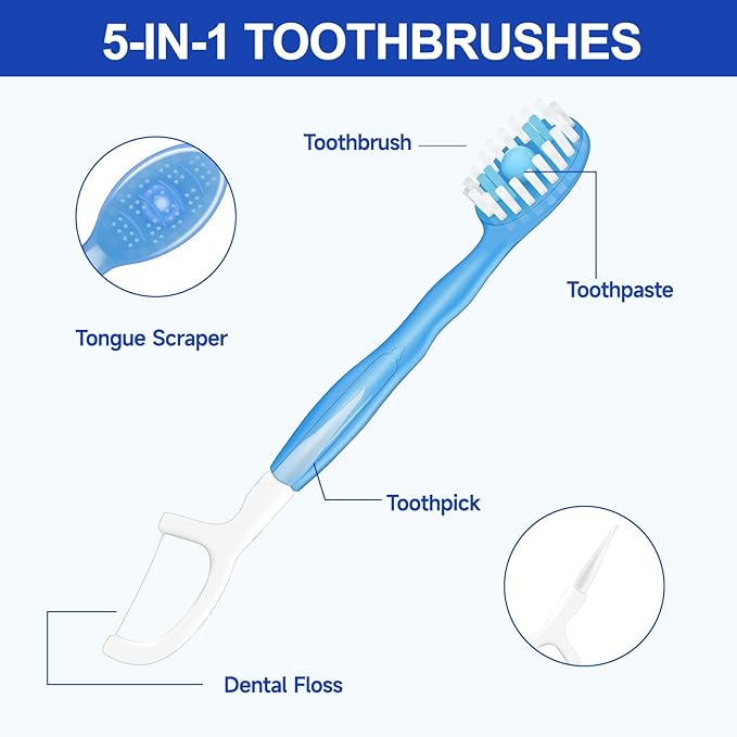 Mini Disposable Toothbrushes with Toothpaste 5 in 1 Portable Individually Wrapped Travel Toothbrush with Toothpaste + Tongue Scraper + Picks+Floss Travel Case (Green Plum Tea, 10)