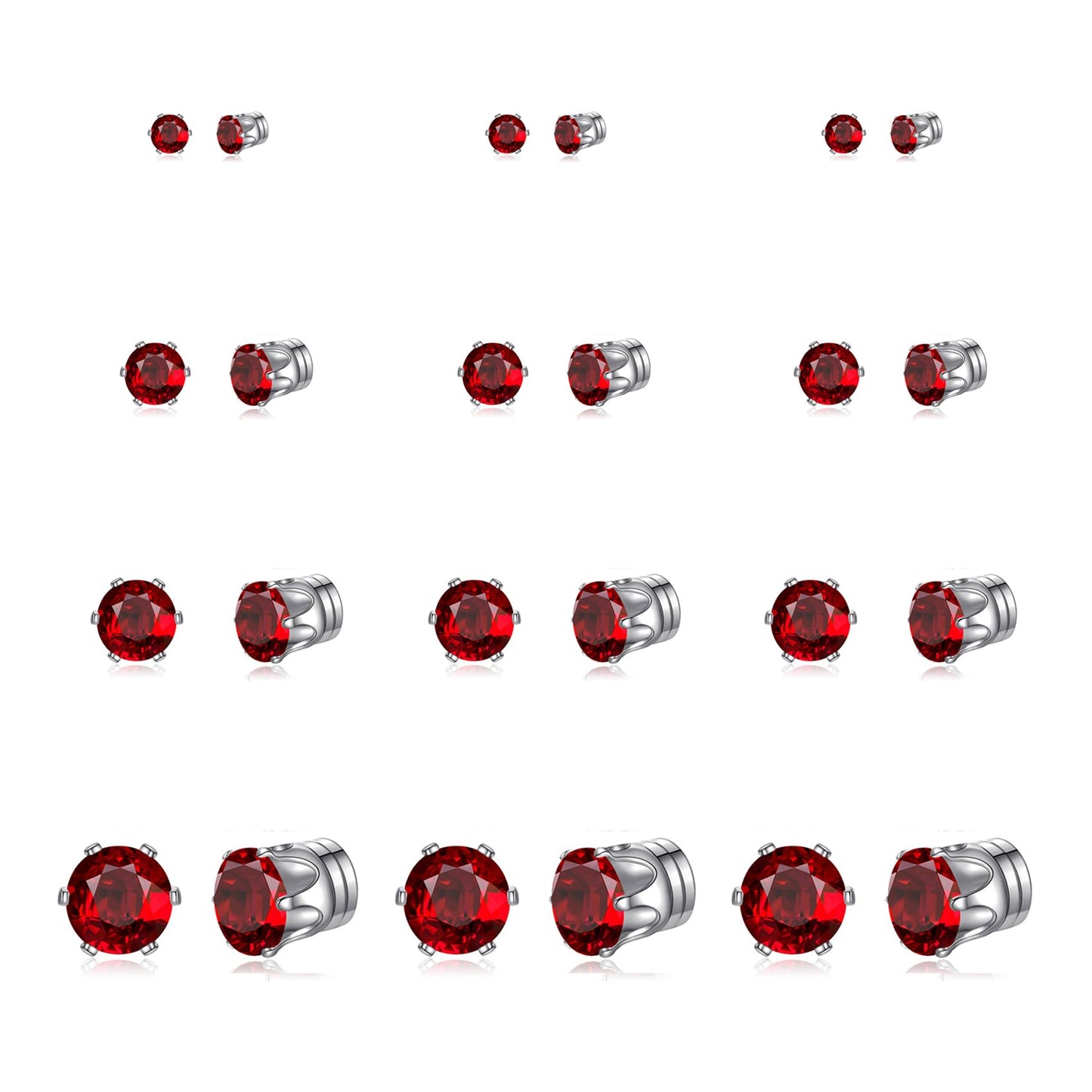 Spiritlele 12 Pairs Red Small Big Cubic Zirconia Magnetic Earrings Clip on Non Piercing Earrings Set Unisex 4MM-7MM