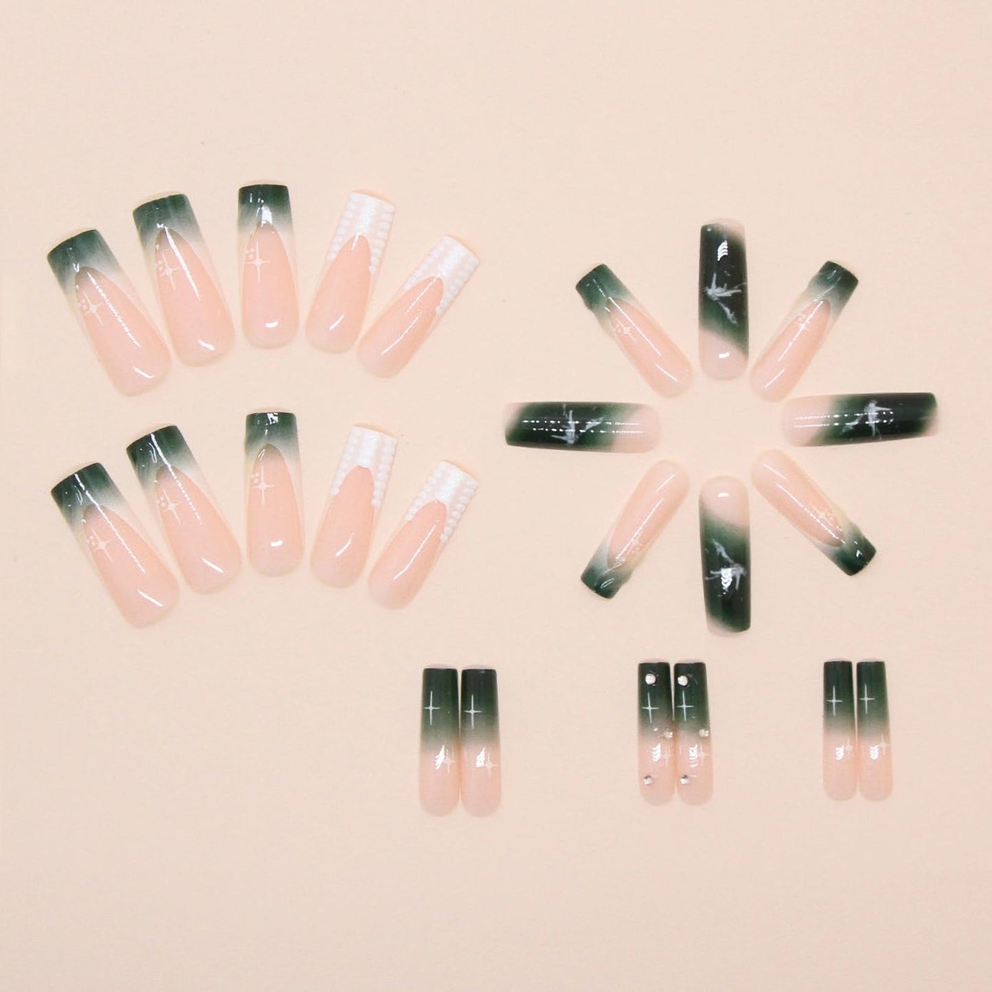MISUD Press on Nails - Long Square Fake Nails with Dark Green, Acrylic Ombre French Tip Design 24 pcs
