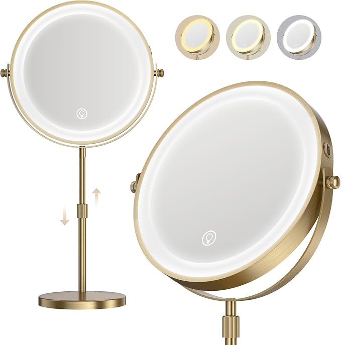Lighted Makeup Mirror, 5000 mAh Rechargeable Double Sided Magnifying Vanity Mirror with 3 Colors, 1x/20x, 360° Rotation , Brightness Adjustable lighted mirror with magnification, Antique Bronze