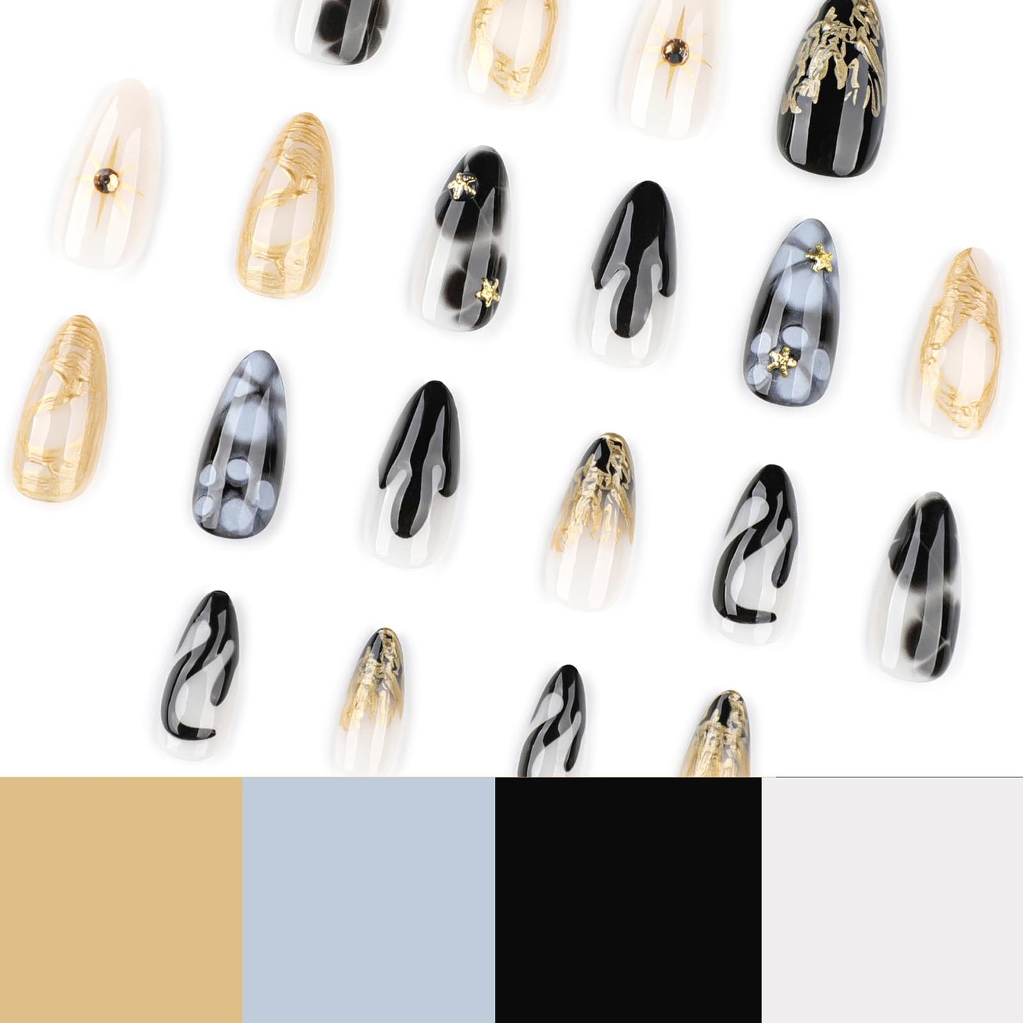 MISUD Press on Nails - Medium Almond Fake Nails with Black Flower, Acrylic Gold Chrome Design 24 pcs