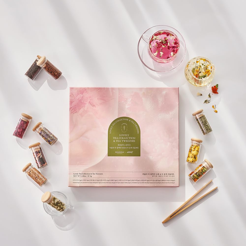 KKOKDAM Premium 10-Tea Sampler Gift Set with Wooden Tweezers – 5 Blooming Flower & 5 Blended Loose Leaf Teas – Unique Korean Gift Box for Women, Mom & Tea Lovers – 1.68oz Variety Pack