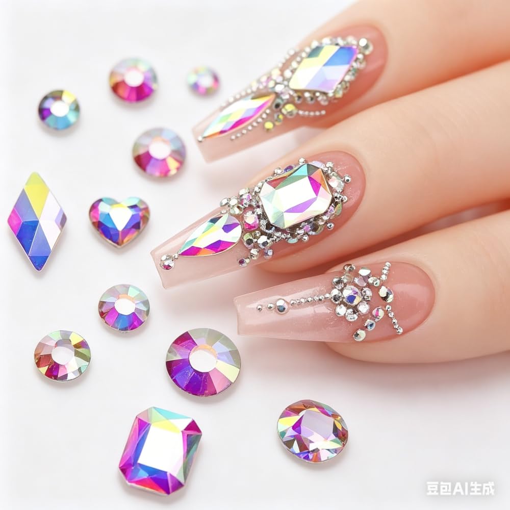 AB Crystal Nail Charms 3D Nail Gems Clear Flatback Nail Jewels Multi Shape Size Diamonds Nail Rhinestones Iridescent Mixed Size Round Hearts Crystals Gems for DIY Nails Faces Makeup Crafts 12Grid