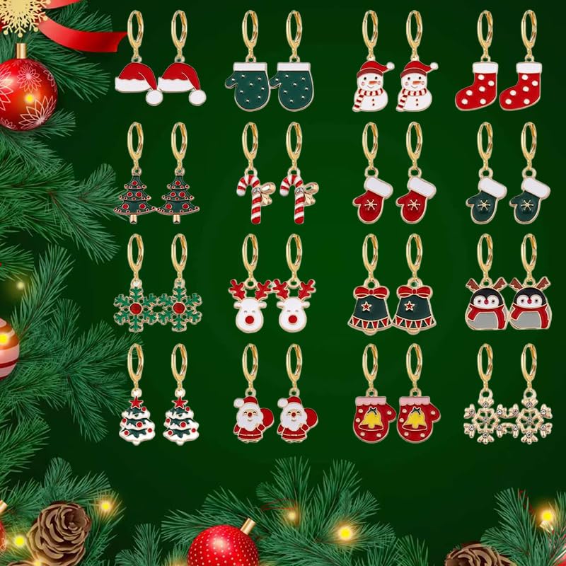 16 Pairs Christmas Reindeer Santa Hoop Earrings for Women Unique Winter Xmas Tree Snowflake Bow Bell Snowman Penguin Earrings Christmas New Year Jewelry Gifts - style: Hat