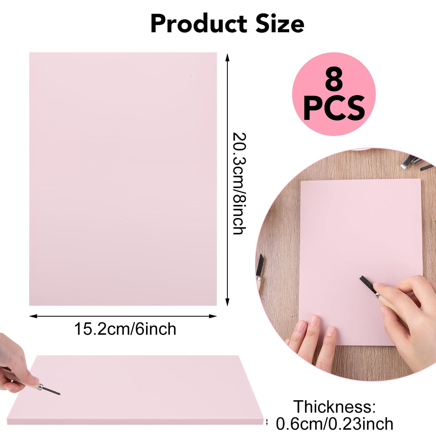 8 Pack 8"x6" Pale Pink Linoleum Blocks for Printmaking, Rubber Stamp Carving Blocks Linoleum Carving Tools for Stamp Maker Printmaking Supplies