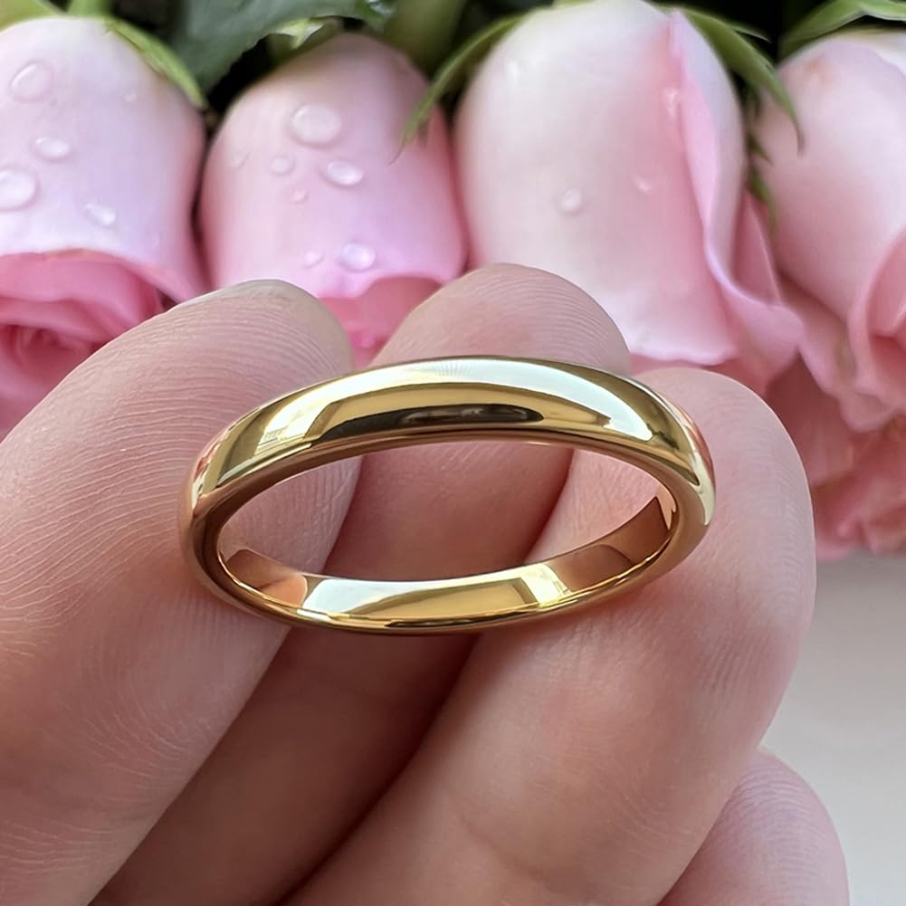 TUTISS 3mm Gold Tungsten Rings for Women Men Engagement Wedding Bands Domed Polished Comfort Fit Size 10