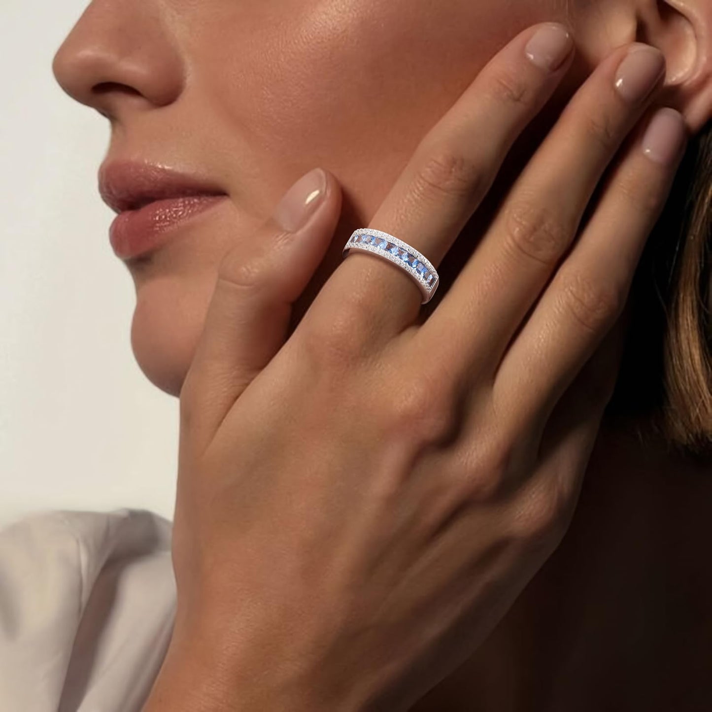 RANDES Blue Topaz Band Rings for Women 925 Sterling Silver Channel Set Princess Cut Eternity Band December Birthstone Ring Size 8