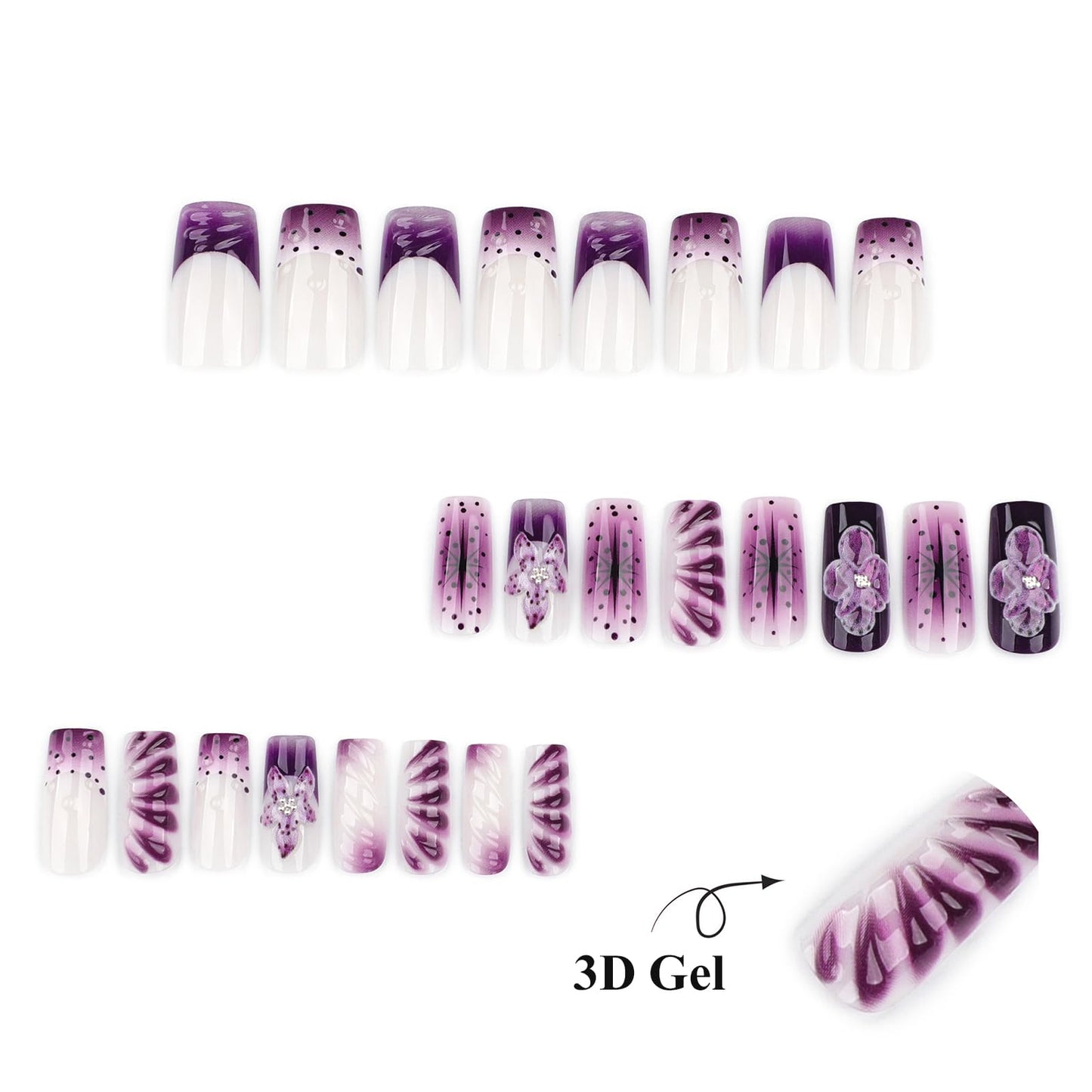 MISUD Press on Nails - Long Square Fake Nails with Purple French Tip, Acrylic Handmade 3D Gel Flower Design 24 pcs