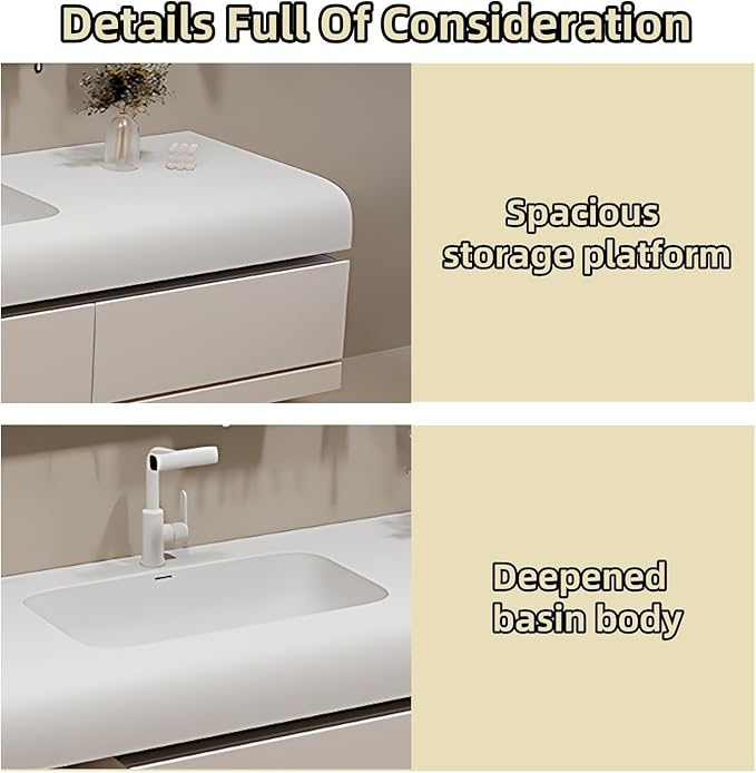 68IN Bathroom Vanity with Sink - Bathroom Cabinet Set has 2 Drawers & Overflow Hole Wall Mounted | LED Practical Defogging Mirror, Open Compartments, Seamless Rock Slab Basin (Cream White)
