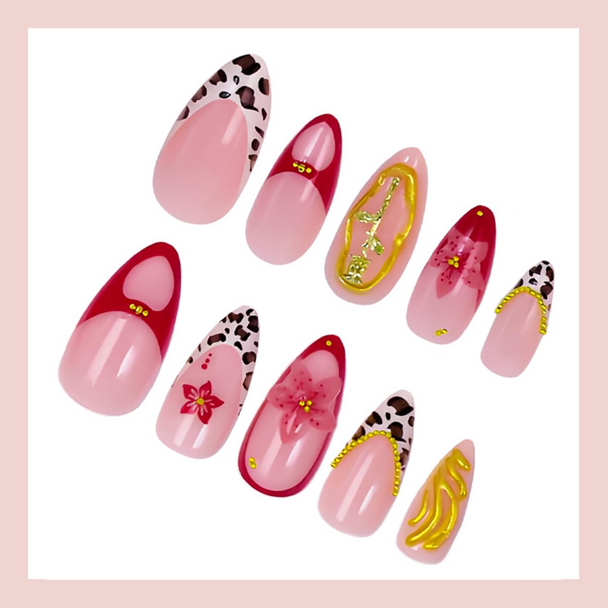 24Pcs Leopard Print French Tip Press on Nails Medium Almond Flower Fake Nails with Gold Rose Rhinestones Design Pink Full Cover Artificial Glue on Nails Glitter Stick on Nails for Women Spring Set
