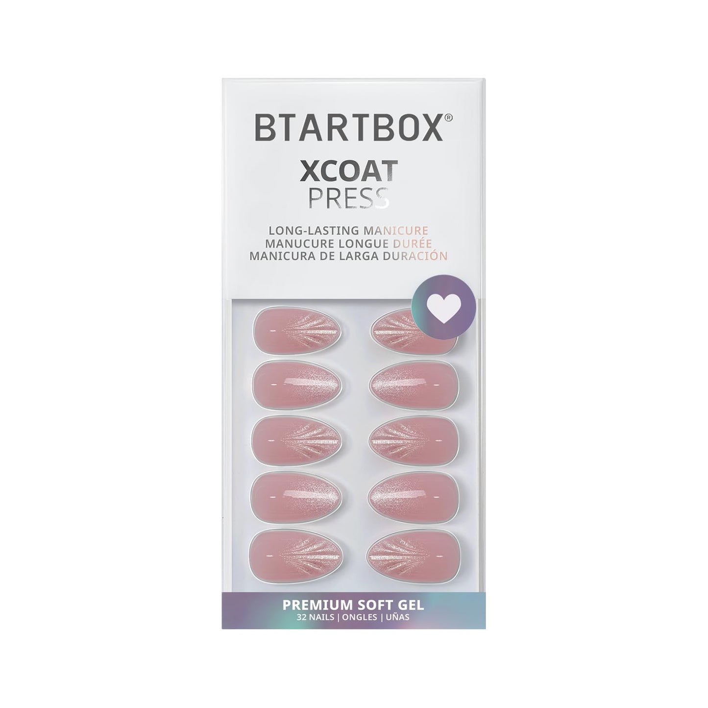 BTArtbox Press On Nails Short - Shell Luxe, Lamp-Curable 4-Week Wear 3D Shell Pink Cat Eye Almond Press On Nails with Glue and Adhesive Tabs, Easy-to-Apply in 16 Sizes - 32 Nails All-in-One Kit