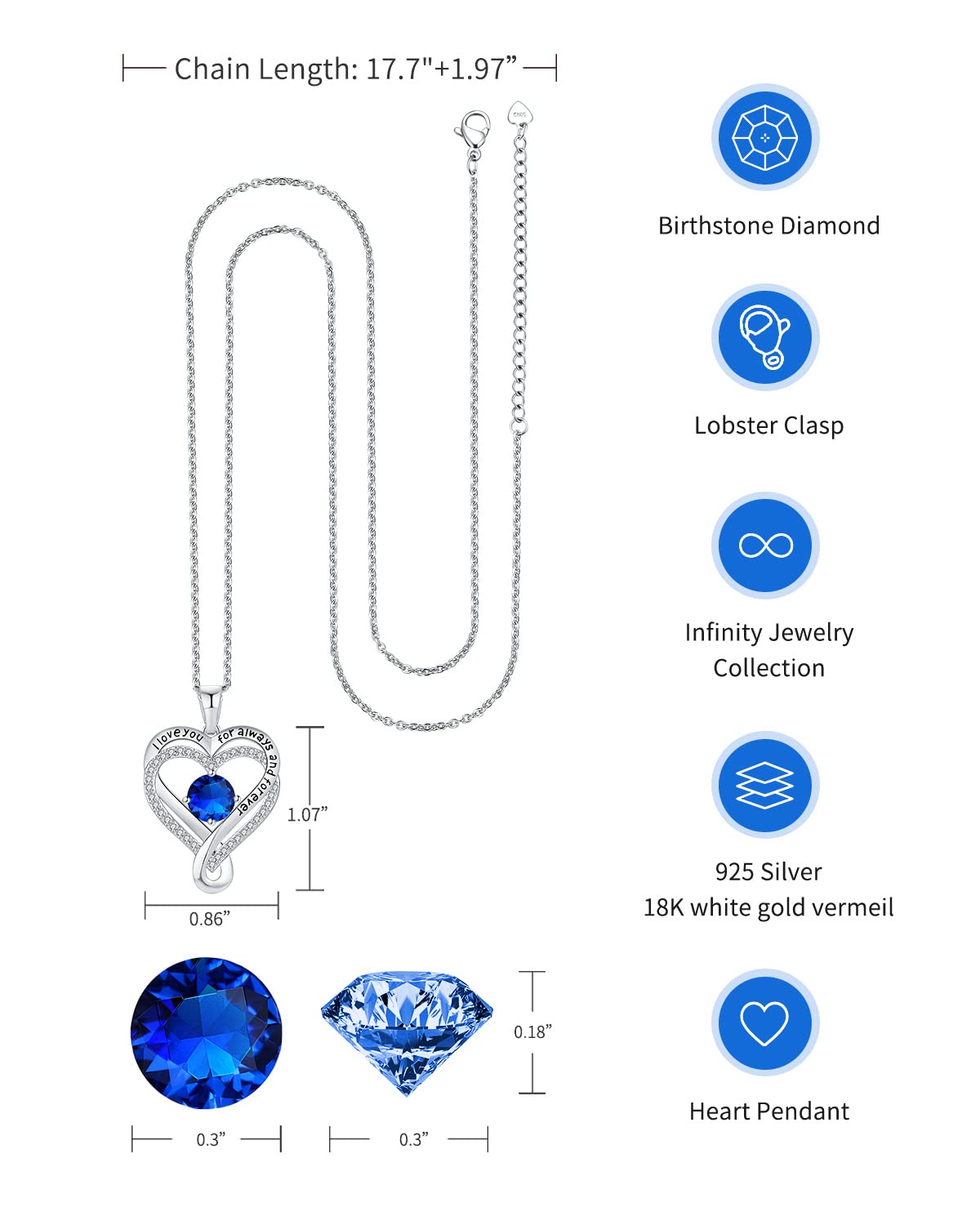 Mkhhy Gifts for Wife Silver Necklace for Women Anniversary Wife Birthday Gift Ideas Infinity Heart Sapphire Birthstone I Love You Womens Jewelry for Her Girlfriend Birthday Mom Daughter September