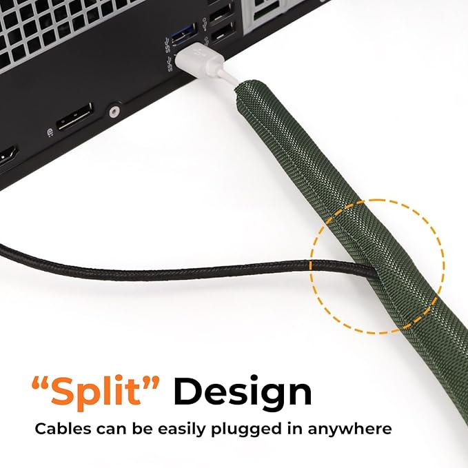 HOLED 5/16 inch Split Braided Cable Management Sleeve for USB Cable Power Cord Audio Video Cable, Wire Loom Cord Protector from Cat Dog Chewing (Black, 25FT)