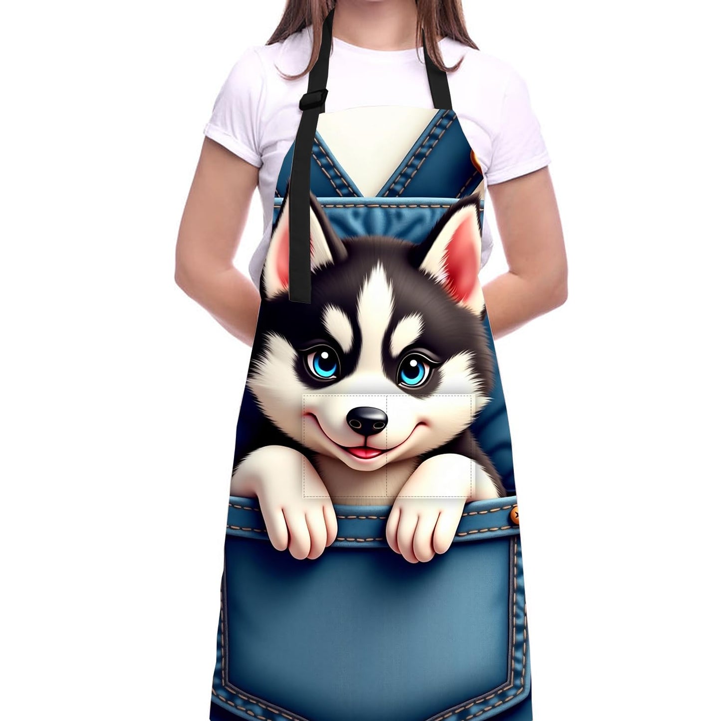 THISFIND Cute Husky Dog in Pocket Apron – Waterproof Adjustable Bib Apron with Funny Cartoon Puppy Print – Durable Kitchen Apron for Cooking Gardening and Crafts