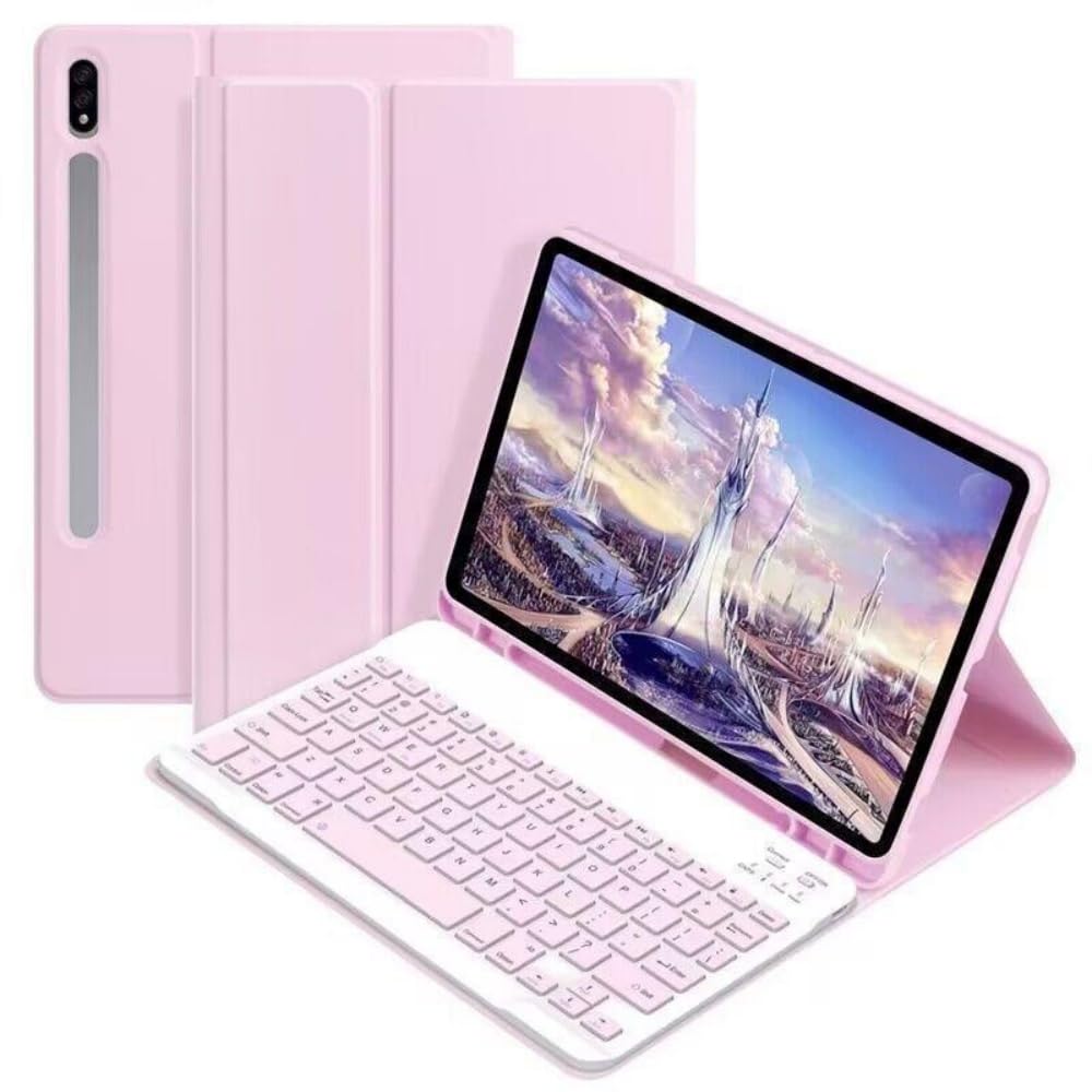 AnMengXinLing Case with Keyboard for Galaxy Tab S10 Lite/S10 FE/S9FE/S9/S8/S7, Candy Colors Slim Protective Cover with Magnetic Detachable Keyboard with S Pen Holder, Pink