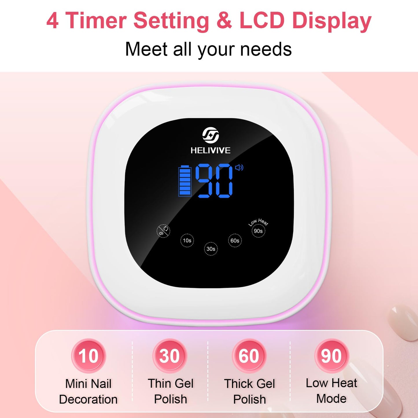 HELIVIVE Cordless UV LED Nail Lamp, 80W Rechargeable Nail Dryer with 4 Timers, Atmosphere Light & Mirror Base, UV Light for All Gel Nails, Ideal for Training,Nail Art Practice,Home & Salon Use (White)