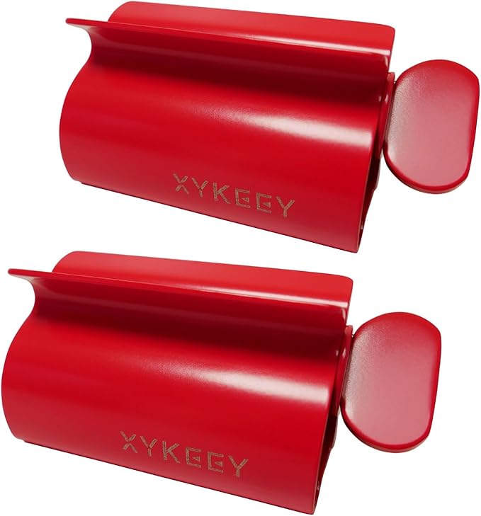 XYKEEY Toothpaste Tube Squeezer - Set of 2 Toothpaste Squeezer Rollers, Metal Toothpaste Tube Wringer Seat Holder Stand (Red)