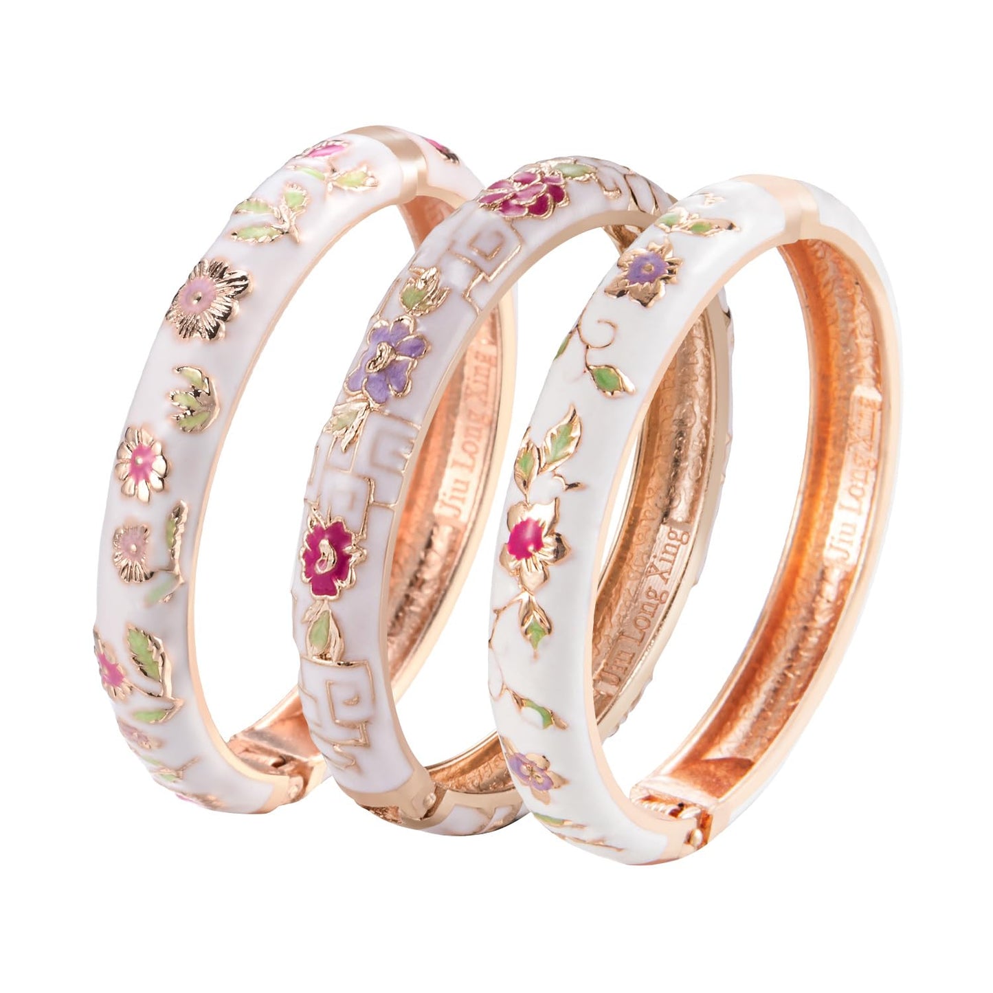UJOY Womens Multi-Colors Cloisonne Bracelet Gold Plated Flower Enameled Hinged Cuff Bangles Jewelry Gift 55A-3PCS White