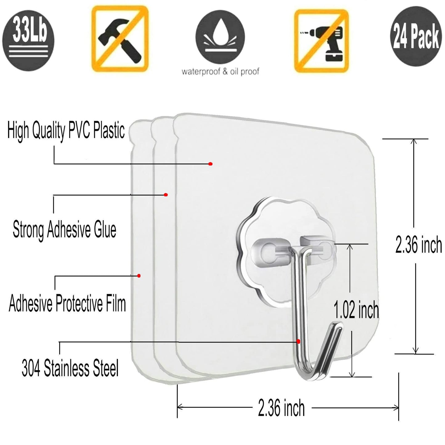 Jwxstore 24 Pack Self Adhesive Hooks Heavy Duty - 33lb Max, Transparent, Waterproof, Sticky Wall Hooks for Keys, Bathroom, Shower, Outdoor, Kitchen, Door, Home Improvement, Utility Hooks