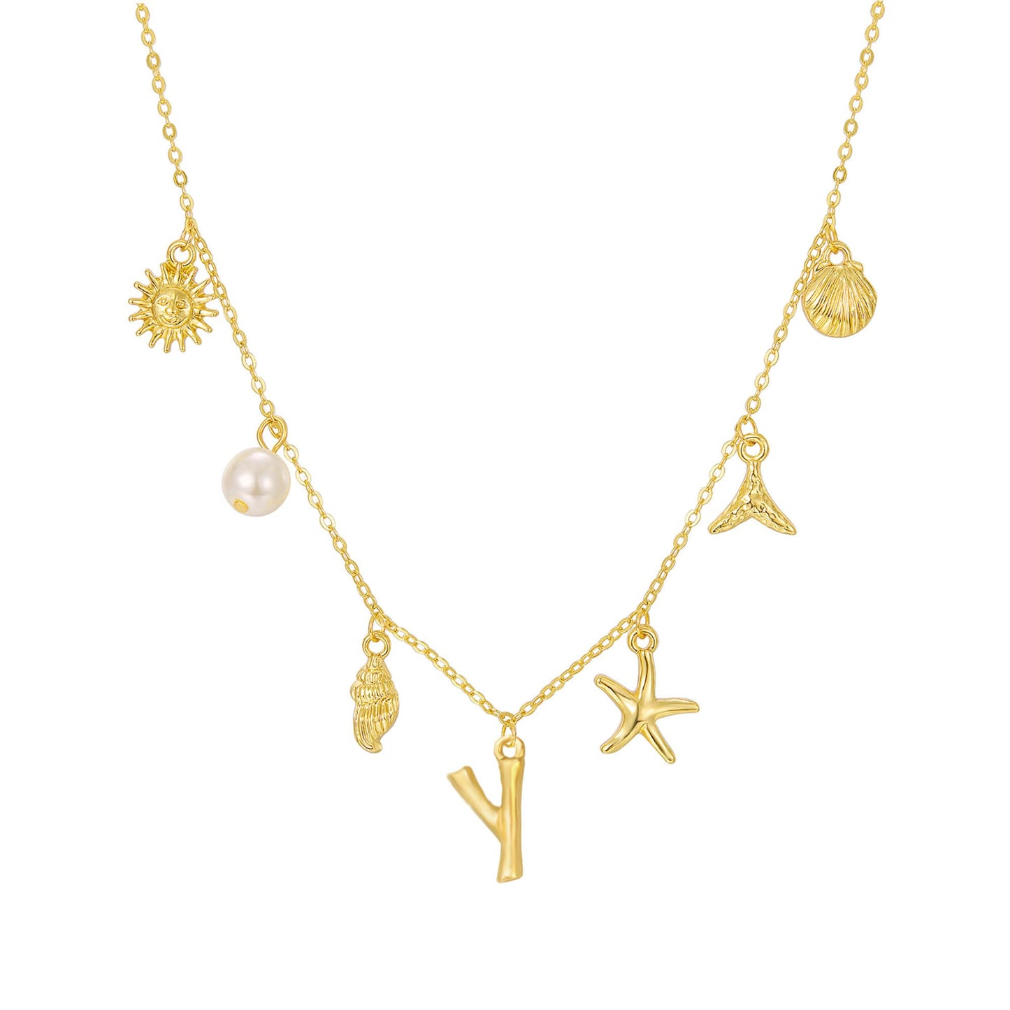 JALZEMPL Initial Charm Necklace For Women Shell Seashell Summer Beach Letter 14K Gold Plated Pendant Starfish Surfer Boho Jewelry Gifts (Y)
