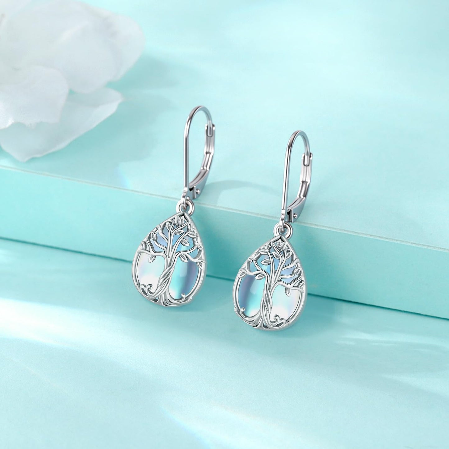 Eusense Tree of Life Earrings Sterling Silver Moonstone Earrings Teardrop Leverback Dangle Sterling Silver Jewelry for Women Elegant Nature Inspired Moonstone Jewelry