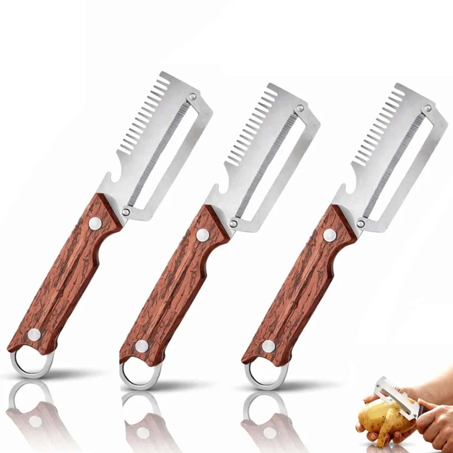 3-1 Multi-functional Vegetable Peeler, 2026 New Ktchen Multi-function Stainless Steel Thickened Fruit Peeler Knife with Wooden Handle,Suitable for Peeling Fruits and Shredding Scallions (A-3PCS)
