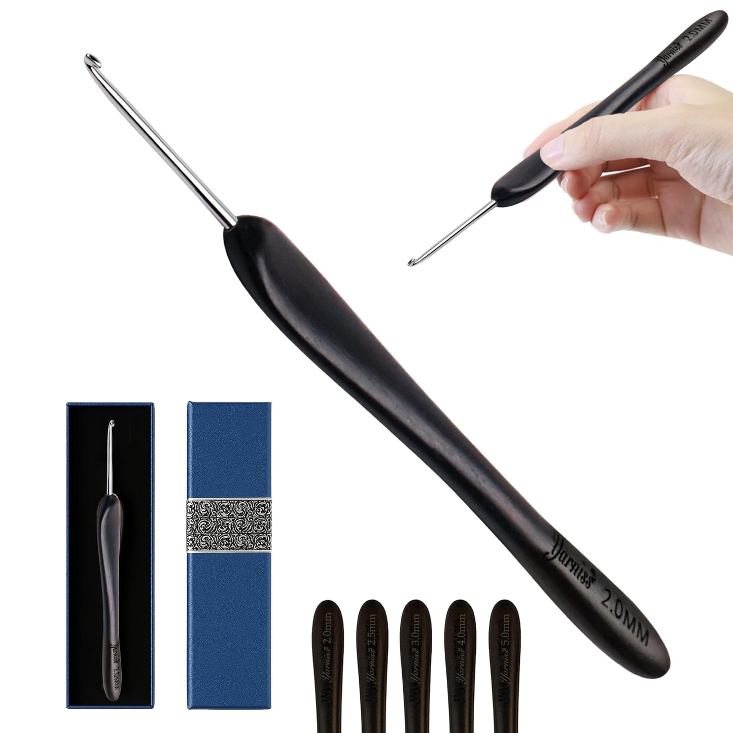 Yarniss 2.0 mm Ergonomic Crochet Hook with Ebony Wood Handle, Hand-Polished Stainless Steel Crochet Needle, Comfortable Crochet Tools with Gift Box