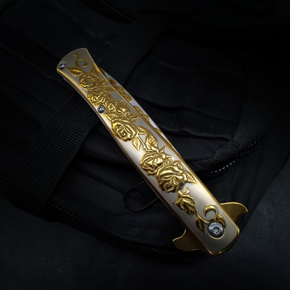 SAIYM Rose Relief Pocket Knife, Elegant EDC Folding Tactical Knife Blade 3.8in for Outdoor Survival Camping Hiking Gift for Adults Men Women, Golden