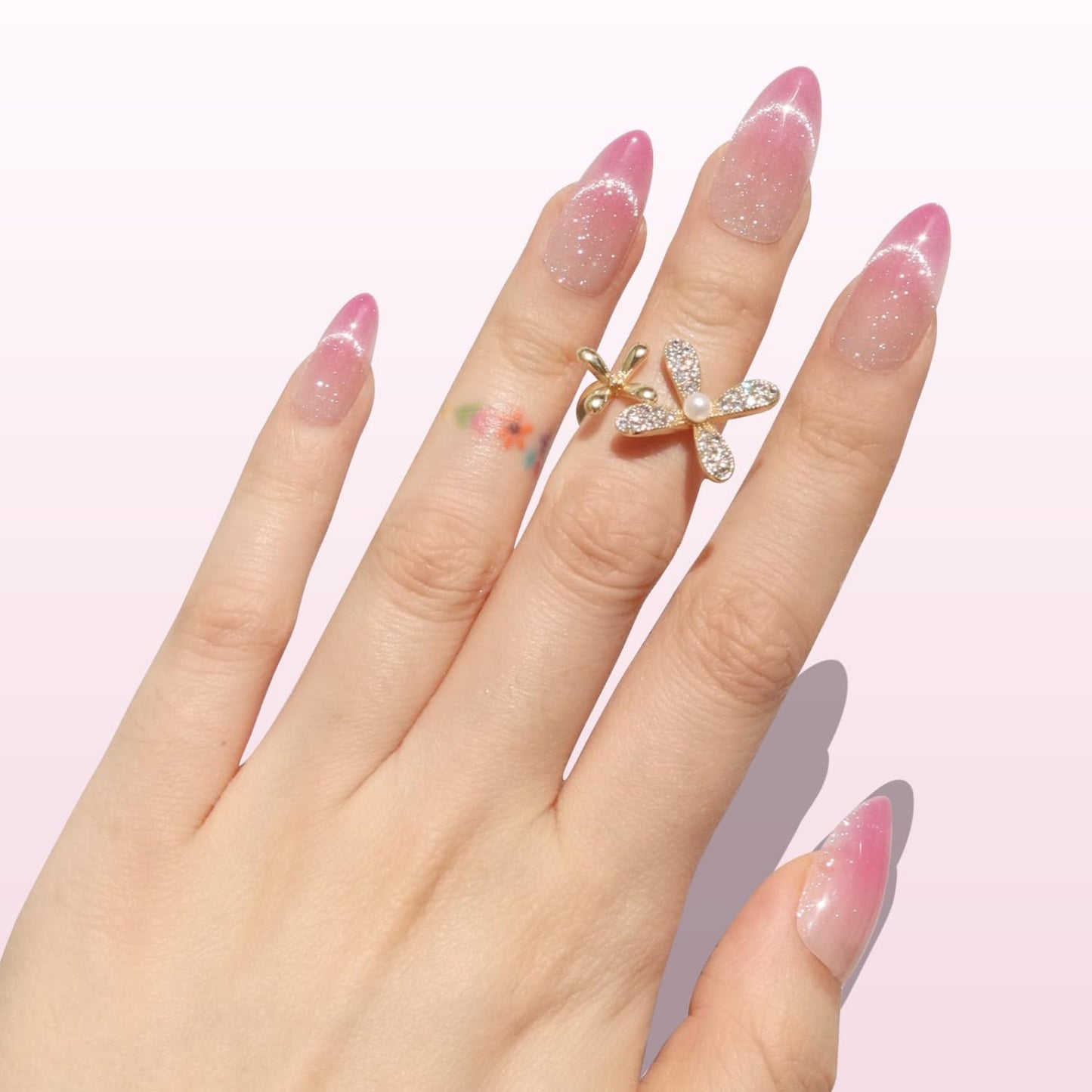 Nail Reformation Press On Nails, Rosewater | Ombre Pink Velvet Shimmer Medium Almond Fake Nails with Glossy Finish, Reusable Stick On False Nails Kit - 30 Pcs in 15 Sizes with Glue, Gifts for Women