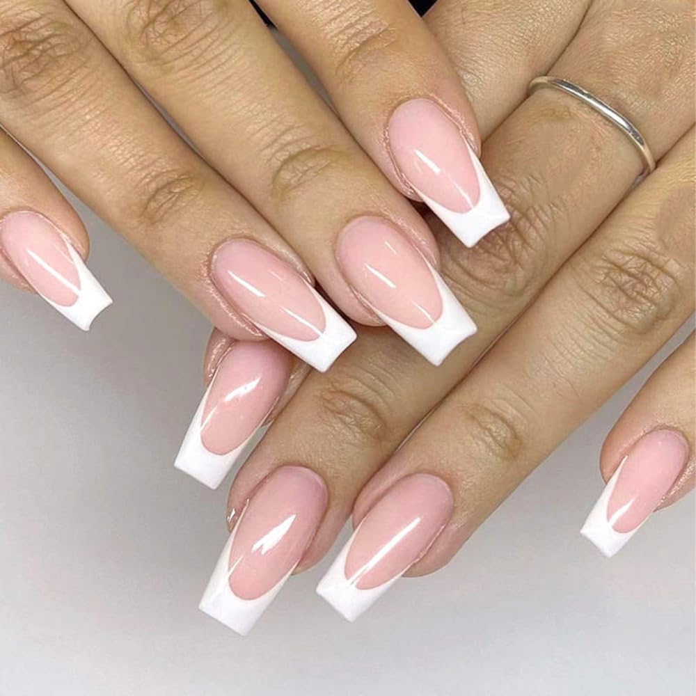 Generic Square French Tip Press on Nails - Reusable Fake Nail Kit with Glue 24pcs in Many Sizes (White Square French Tip Press on Nails), Large
