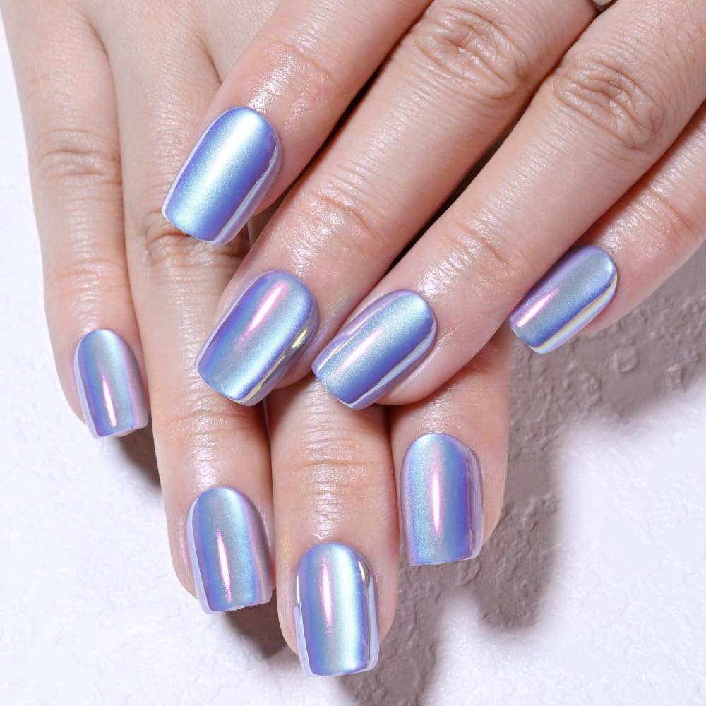 evpct Periwinkle Blue Cat Eye Chrome Press on Nails Short Square No Glue with Aurora Design, Purple Holographic Short Square Stick on Nails for Women, Glossy Cateye Effect, Perfectly Fit Salon-quality