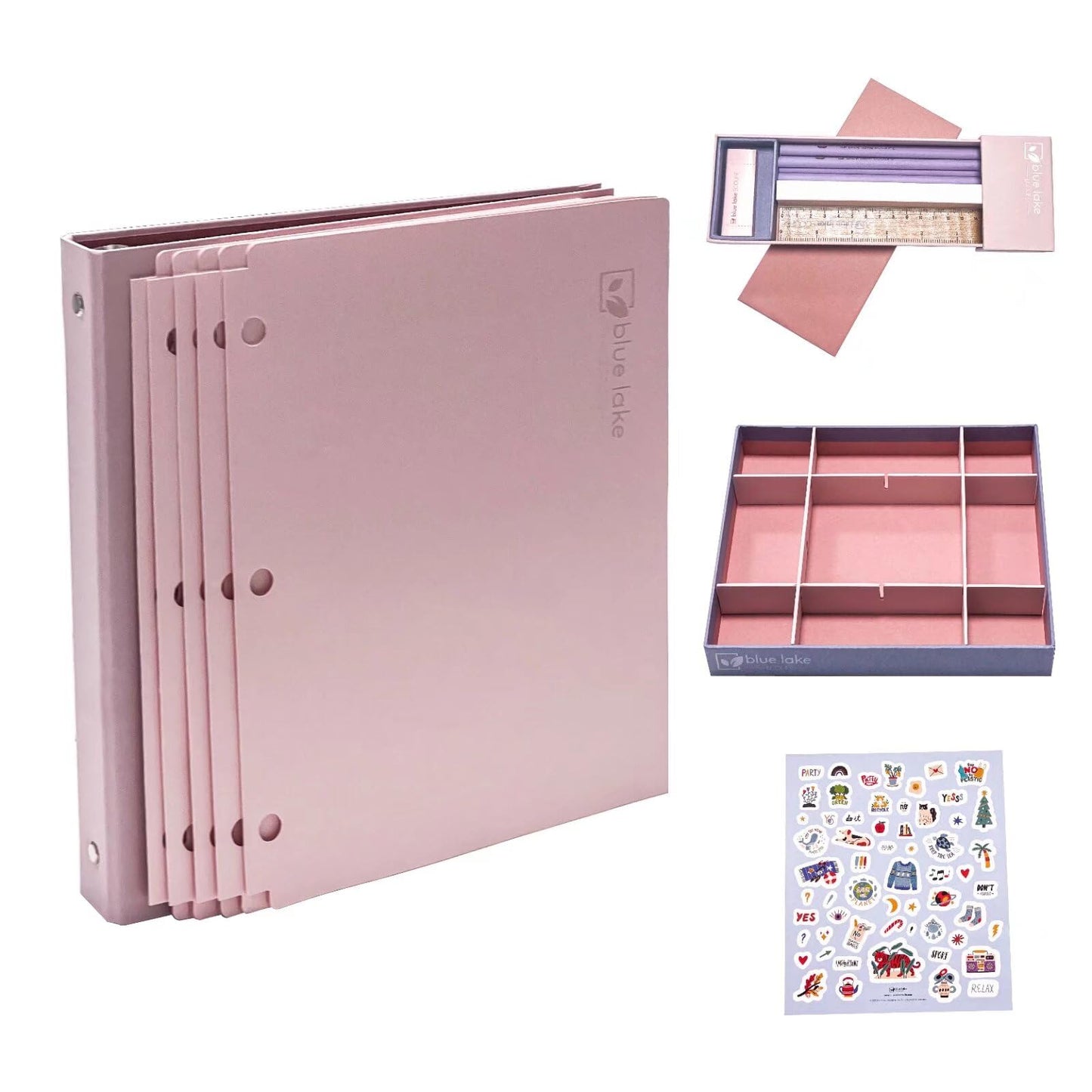 Blue Lake 3-Ring Binder School Offiice Supplies Kit Bundle Plastic Free 22 Piece Binder, Folders, Pencils, Pencil Box Organizer Tray, Gifts for K-12, College Students, and Office