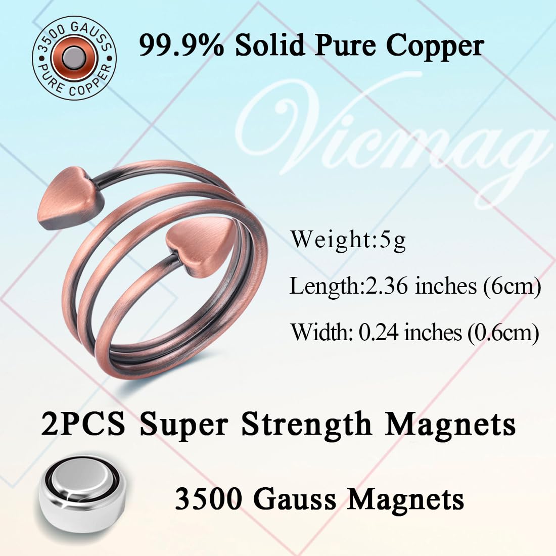 Vicmag Copper Magnetic Ring for Women Ring Ladies Fingers Thumb 99.9% Solid Pure Copper Gift 2PCS Adjustable (Copper Heart)