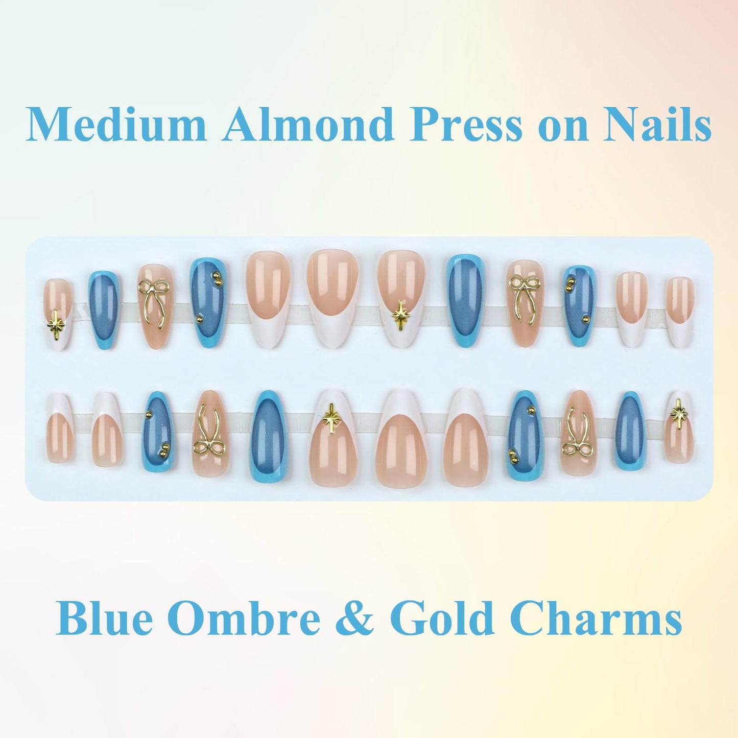 MISUD Press on Nails - Medium Almond Fake Nails with Handmade Gold Charms, Acrylic Blue Ombre Design 24 pcs