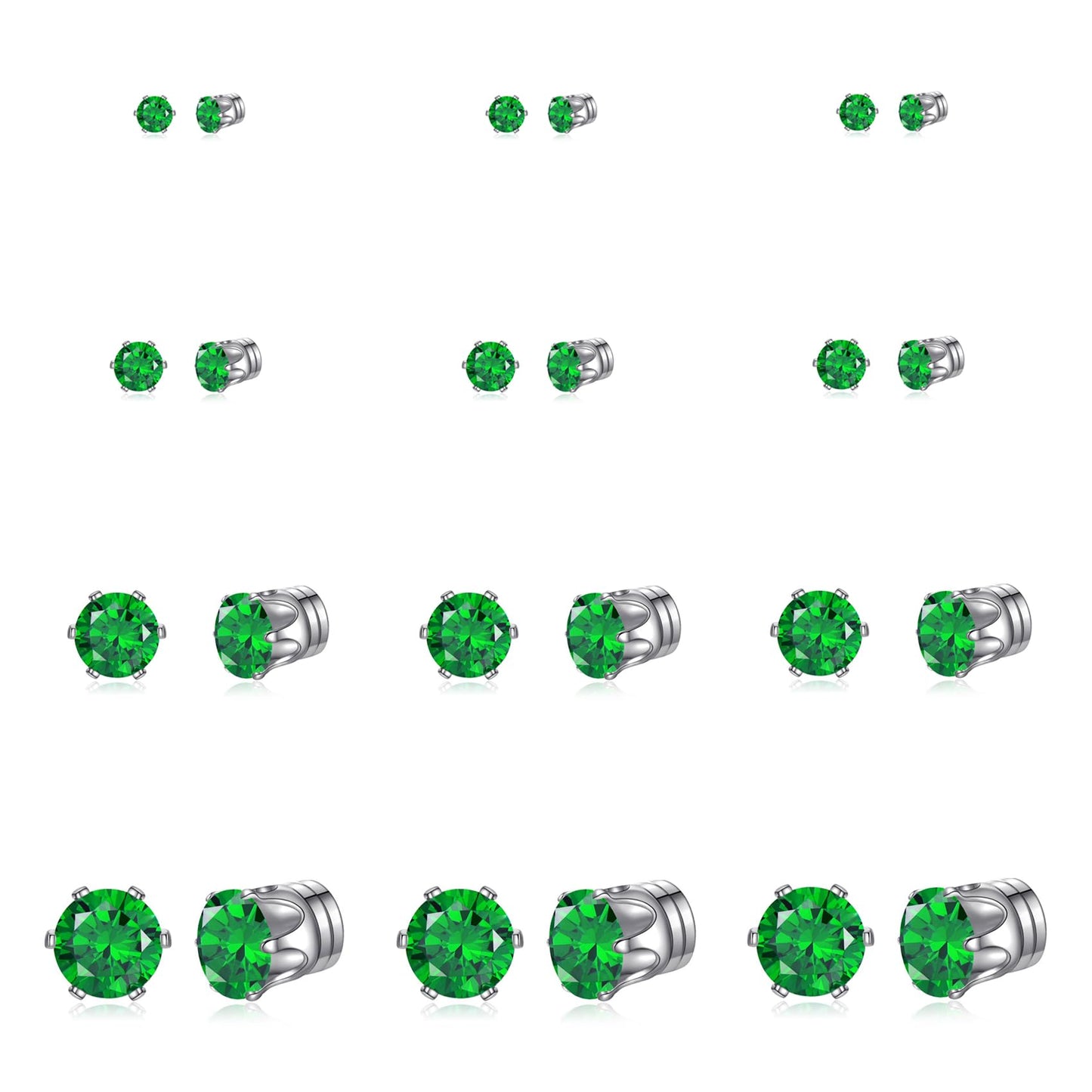 Spiritlele 12 Pairs Green Small Big Cubic Zirconia Magnetic Earrings Clip on Non Piercing Earrings Set Unisex 4MM-7MM