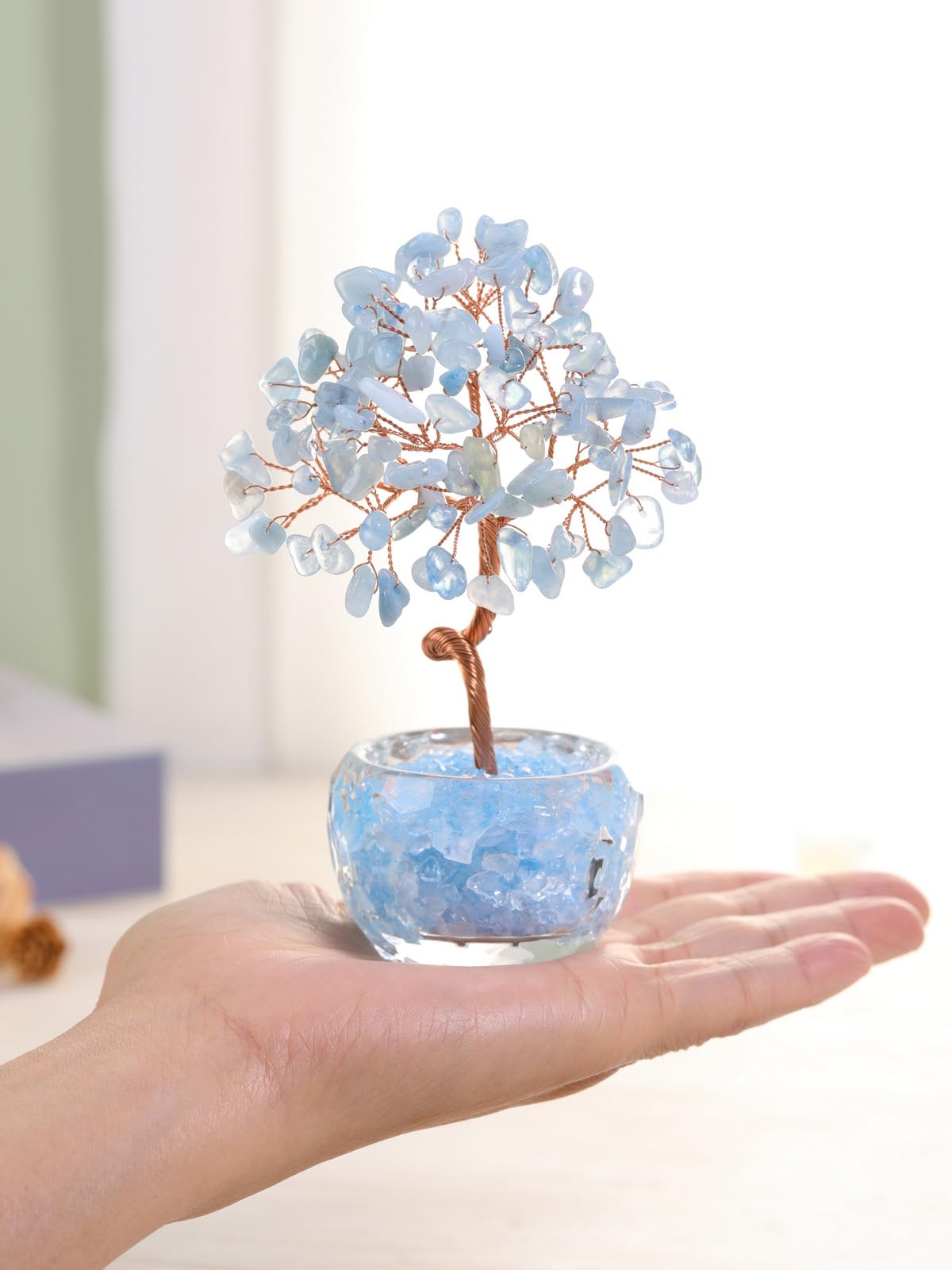 Top Plaza Healing Crystals Aquamarine Crystal Tree with Glass Base Handmade Natural Gemstone Life Tree Mini Bonsai Money Trees Good Luck Home Office Desk Decor