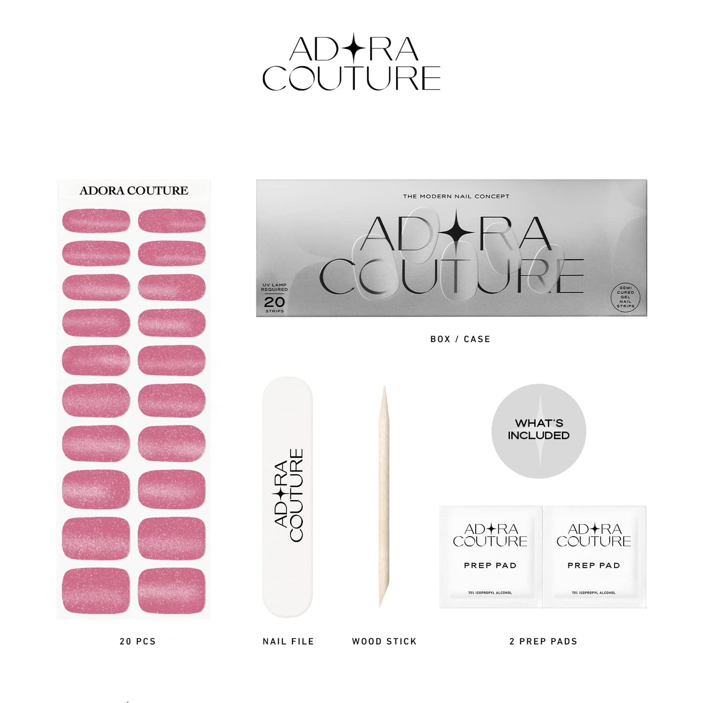 Adora Couture Semi Cured Gel Nail Strips with 20 Pieces - UV Gel Stickers, Manicure Kit, Easy Application Wraps Includes Prep Pads, Nail File, Wooden Stick - UV Light Required (Velvet Peony)