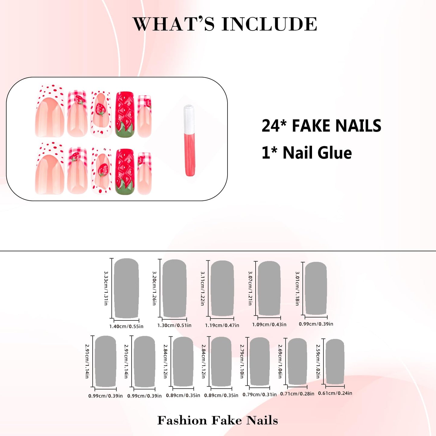 IMRAIN Long Press on Nails Square Fake Nails 3D Red Strawberry Designs Glossy Reusable Acrylic False Nails Full Cover Cute Gel Handmade Glue on Nails