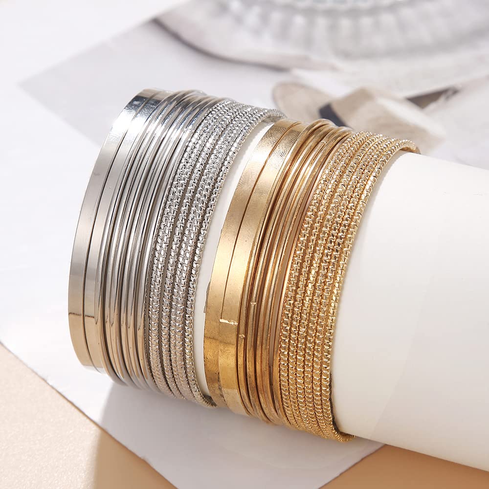 RINTOLER 14Pcs Silver Bangle Bracelets Set for Women - Multi Layer Stackable Textured Bracelets Boho Jewelrys for Women.