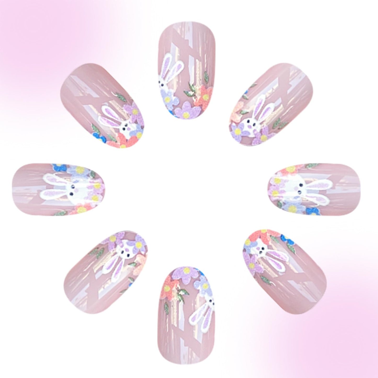 Easter French Press on Nails Medium Almond Matte Fake Nails Spring Daisy Flowers False Nails Cute Rabbit French Acrylic Stick on for Women Easter Holiday Manicure Decoration 24Pcs