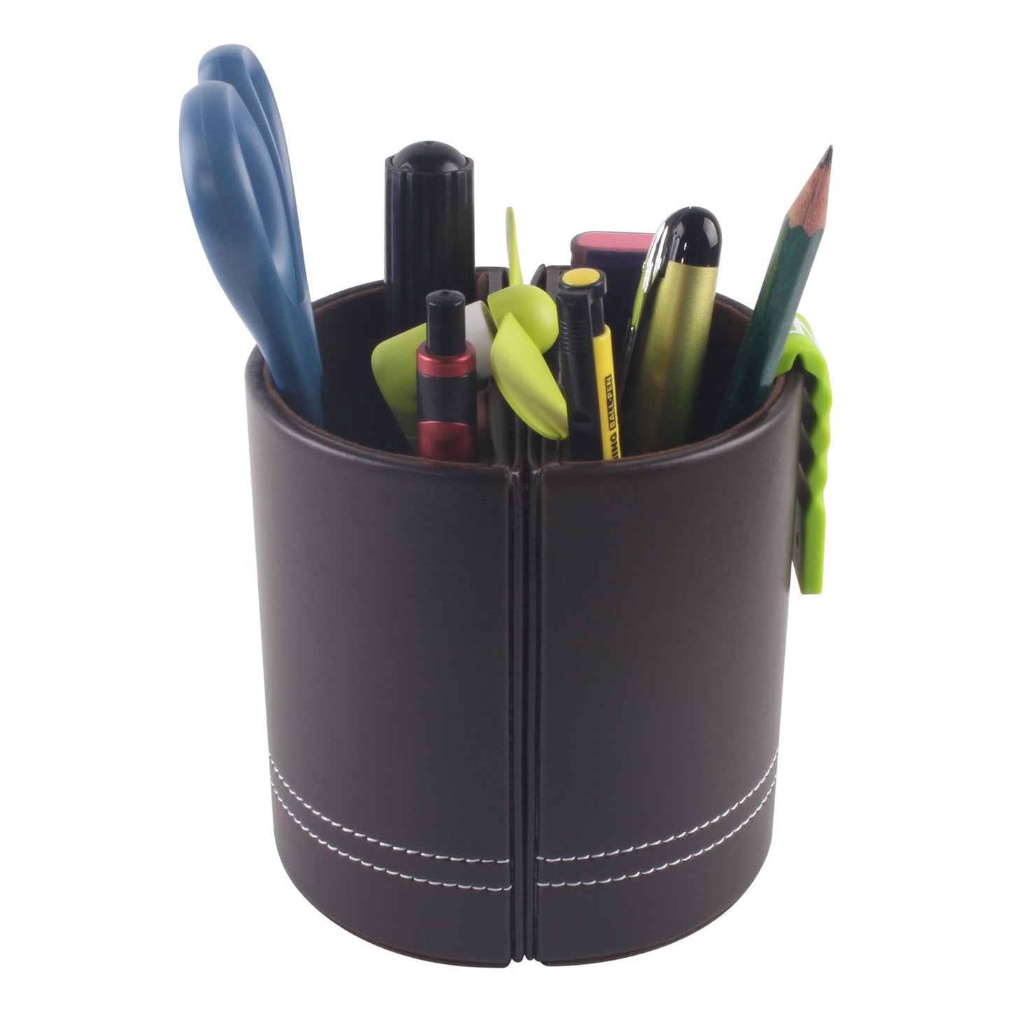 PLENTY Leather Pencil Cup Pen Holder with Photo Picture Frame, Desk Stationery Organizer with Magnetic Clasp for Home and Office Gift (Brown)