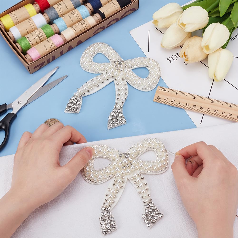 FINGERINSPIRE 2 Pcs Bowknot Rhinestone Patch 4.9x4.5inch Bow Tie Beading Appliques White Imitation Pearl Decorative Patch Repair Felt Sew on Applique for Clothing Repair