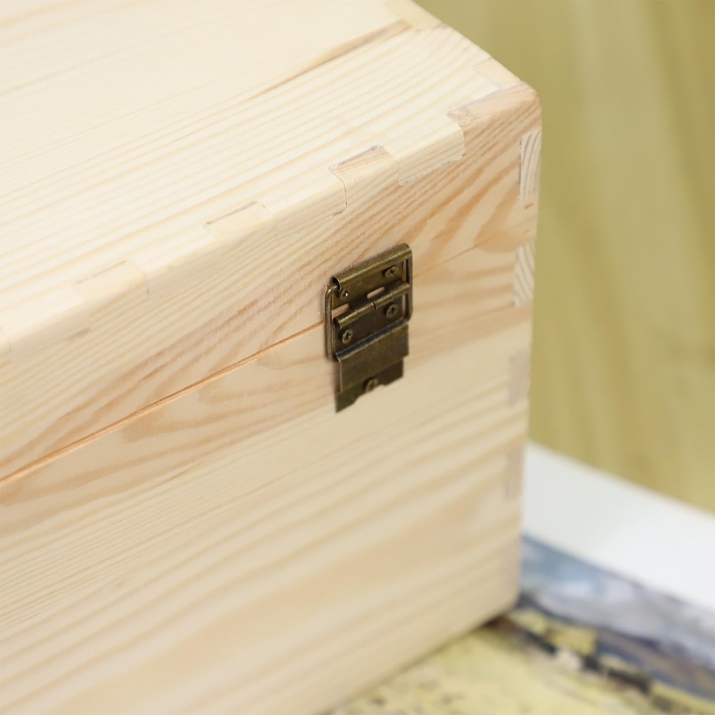 JJSQ Large Wooden Storage Box with Hinged Lid Rectangle Unfinished Unpainted Accessories Storage Wood Box for Crafts DIY Decoration Natural (13.8" x 7.9" x 7.1" IN)