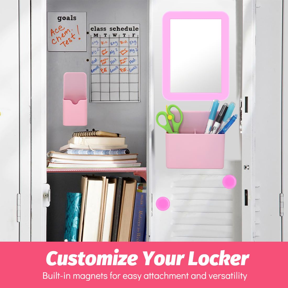 School Locker Organizer, Pink to School Essentials Locker Accessories for Girls, Locker Set Includes Locker Shelf, Locker Mirror, Whiteboard (Pink)